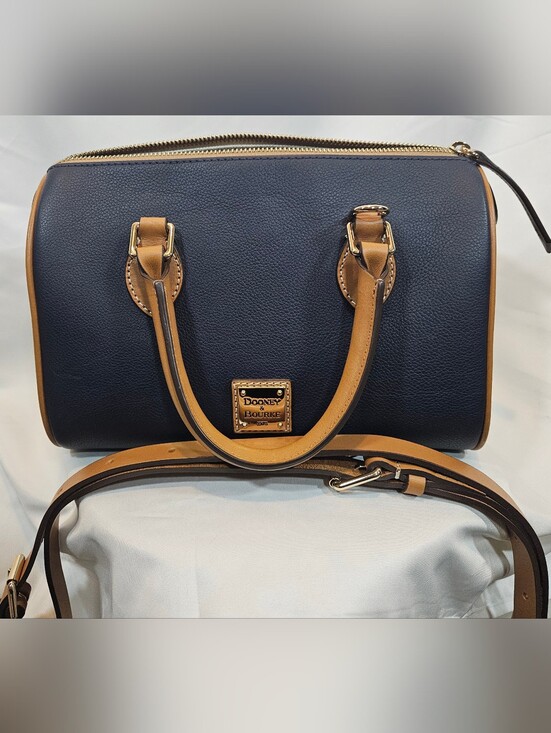 Dooney & Bourke Handbags - Dooney & Bourke Navy with Tan Trim Barrel Satchel 25